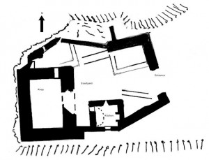 Solid black lines denote original structure with later buildings show as outlines only. 